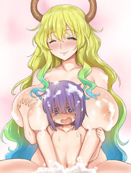 10s 1boy 1girl age_difference bathing between_breasts blue_eyes blush breasts collarbone completely_nude deep_skin embarrassed grabbing_another&#039;s_breast gradient_hair green_hair groping head_between_breasts hetero highres horns huge_breasts implied_handjob kobayashi-san_chi_no_maidragon long_hair lucoa_(maidragon) magatsuchi_shouta mixed-sex_bathing multicolored_hair navel nipples nude one_eye_closed onee-shota parted_lips purple_hair saliva shared_bathing short_hair shota sidelocks slit_pupils smile soap_bubbles tears two-tone_hair wet yellow_eyes zhen_lu