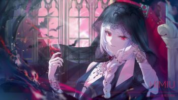 Rule 34 | 1girl, absurdres, alcohol, armpits, artist name, bandaged arm, bandages, bare shoulders, bat (animal), black dress, black nails, black veil, bracer, breasts, character name, chinese commentary, cleavage, commentary request, commission, cup, dress, drinking glass, full moon, hands up, highres, himiu, holding, holding cup, huge moon, lace-trimmed veil, lace trim, long braid, looking at viewer, moon, official alternate costume, parted lips, pillar, plunging neckline, red eyes, red moon, reverse:1999, semmelweis (reverse:1999), semmelweis (the wax and wane of the heart) (reverse:1999), sleeveless, sleeveless dress, smile, solo, upper body, veil, white hair, window, wine, wine glass