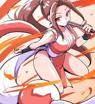 1girl breasts brown_hair cleavage commentary_request fatal_fury hand_fan high_ponytail highres holding holding_fan ikaringo_(ikaringo4444) ninja ponytail red_eyes revealing_clothes shiranui_mai smile solo the_king_of_fighters