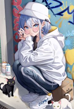 1girl alternate_costume amazon_(company) black_cat black_shirt blue_eyes blue_hair blue_nails blue_pants box brand_name_imitation cardboard_box cat double-parted_bangs earclip earrings floating_earrings graffiti hair_between_eyes hat highres hololive hood hood_down hoodie hoshimachi_suisei interlocked_fingers jewelry long_hair looking_at_viewer multiple_rings nail_polish on_box pants pink-tinted_eyewear pink_lips ring round_eyewear sa-ya2 shirt shoes sidelocks sitting sitting_on_box sneakers solo spray_can spray_paint tinted_eyewear virtual_youtuber white_cat white_hat white_hoodie white_shoes