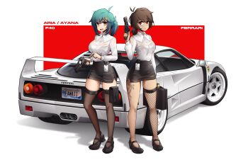 2girls :d absurdres ahoge antenna_hair aria_(jestami) arm_at_side ayana_(jestami) bandaid bandaid_on_face black_shoes black_skirt breasts brown_hair car closed_mouth collared_shirt dark-skinned_female dark_skin detached_ahoge expressionless ferrari ferrari_f40 fishnet_thighhighs fishnets freckles full_body green_hair gun hair_between_eyes hair_ornament highres holding holding_gun holding_weapon id_card jestami large_breasts leg_tattoo long_sleeves looking_at_viewer low_ponytail medium_breasts medium_hair motor_vehicle multiple_girls multiple_thigh_straps open_mouth orange_eyes original pencil_skirt ponytail pouch red_background red_eyes reloading shirt shirt_tucked_in shoes side_slit skirt smile standing star_(symbol) star_hair_ornament tattoo thigh_pouch thigh_strap thighhighs trigger_discipline two-tone_background weapon wet wet_clothes wet_shirt white_background white_car white_shirt