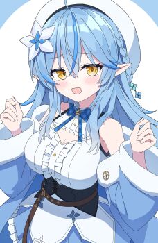 1girl absurdres ahoge bare_shoulders blue_bow blue_bowtie blue_coat blue_hair blue_skirt blush bow bowtie breasts cleavage coat commentary_request elf fang frilled_skirt frills hair_between_eyes hands_up hat highres hololive kaie large_breasts long_hair long_sleeves looking_at_viewer multicolored_hair off_shoulder open_clothes open_coat open_mouth pleated_skirt pointy_ears shirt skin_fang skirt sleeveless sleeveless_shirt solo streaked_hair upper_body white_background white_hat white_shirt yellow_eyes yukihana_lamy yukihana_lamy_(1st_costume)