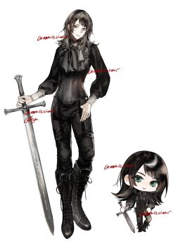 1girl bang_dream! bang_dream!_it&#039;s_mygo!!!!! black_boots black_corset black_hair black_pants black_shirt blue_eyes boots chibi chibi_inset closed_mouth commentary commission corset feiyu30903448 full_body hashtag-only_commentary highres holding holding_sword holding_weapon long_sleeves looking_at_viewer medium_hair pants parted_lips second-party_source shirt simple_background sword weapon white_background yahata_umiri