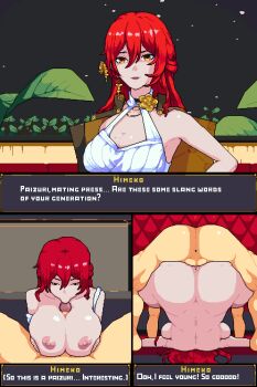1girl ass backboob baldur_89 breasts dress highres himeko_(honkai:_star_rail) honkai:_star_rail honkai_(series) instant_loss kissing_penis mating_press mature_female nipples paizuri pov red_hair sex testicles top-down_bottom-up yellow_eyes