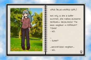 1girl alternate_costume animated animated_gif black_eyes black_pants black_shoes blue_hair bra_strap collarbone cris_(omori) english_text full_body grin highres jewelry long_hair long_sleeves looking_at_viewer necklace omori ottie_pops pants parted_lips red_shirt second-party_source shell shell_necklace shirt shoes smile solo standing teeth