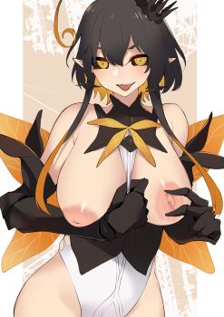 1girl absurdres ahoge arthropod_girl bare_shoulders bee_girl bee_wings between_breasts black_hair black_sclera blush borrowed_character breasts breasts_out chrom_(ac8231) clothes_between_breasts colored_sclera commission crown elbow_gloves fluegel_(gumi710) gloves highres insect_girl insect_wings inverted_nipples large_breasts leotard looking_at_viewer monster_girl multicolored_hair nipples orange_eyes orange_hair original pointy_ears protected_link second-party_source sharp_teeth sideboob skeb_commission solo spread_nipple teeth tongue tongue_out white_leotard wings