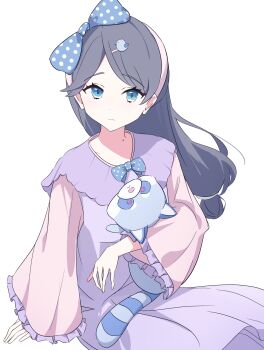 Rule 34 | 1girl, black hair, blue bow, blue eyes, bow, closed mouth, commentary, dress, expressionless, frilled dress, frilled sleeves, frills, hair bow, hairband, highres, junnatsu, link! like! love live!, long sleeves, looking at viewer, love live!, mole, mole on neck, murano sayaka, murano sayaka (birthday sleepwear), pink hairband, pink sleeves, polka dot, polka dot bow, purple dress, red panda, simple background, sitting, solo, stuffed animal, stuffed toy, virtual youtuber, white background