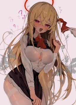 1girl ? ?? @_@ absurdres aged_up black_skirt black_vest blonde_hair blush button_gap clothes_lift commentary ex-rumia halo highres long_hair miniskirt open_mouth pantyhose red_eyes rumia shirt simple_background skirt skirt_lift touhou undersized_clothes vest vest_lift white_background white_pantyhose white_shirt ya_yuan