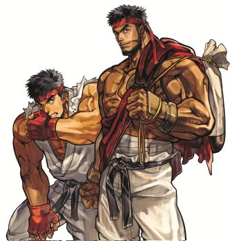 Rule 34 | 1boy, beard, boxing gloves, dappi936, dougi, facial hair, headband, highres, karate gi, male focus, martial arts belt, muscular, muscular male, red headband, ryu (street fighter), street fighter