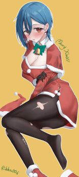 1girl absurdres bell black_pantyhose blue_hair bow bowtie breasts capelet cleavage commentary_request cowboy_shot dress green_bow green_bowtie highres large_breasts looking_at_viewer love_live! love_live!_superstar!! merry_christmas neck_bell no_shoes open_mouth orange_background pantyhose red_capelet red_dress red_eyes rikka006 shoes short_hair simple_background single_shoe solo torn_clothes torn_pantyhose wakana_shiki