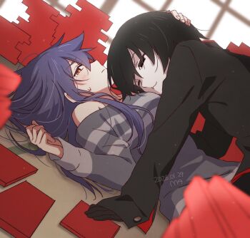 1boy 1girl absurdres black_eyes black_hair blue_hair blush book boy_on_top breasts brown_eyes commentary_request embarrassed empty_eyes flustered hanamonogatari head_on_chest hetero highres kanbaru_suruga long_hair long_sleeves looking_at_viewer lying manimani_(mani_ma) medium_breasts monogatari_(series) naoetsu_high_school_uniform nervous nervous_sweating on_back oshino_ougi pile_of_books purple_hair school_uniform shirt short_hair simple_background smile sweat tomboy too_many too_many_books twintails yellow_eyes