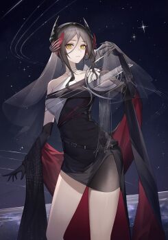 1girl 2sankta absurdres arknights arm_up bare_shoulders black_dress black_gloves black_hair black_horns black_shawl chinese_commentary closed_mouth commentary_request cowboy_shot cross-shaped_pupils dress elbow_gloves falling_star gloves hair_between_eyes highres horns ines_(arknights) ines_(melodic_flutter)_(arknights) light_smile light_trail looking_at_viewer making-of_available off_shoulder procreate_(medium) red_shawl see-through_clothes see-through_veil shawl short_hair solo sparkle standing star_(sky) strap symbol-shaped_pupils two-sided_fabric two-sided_shawl veil video_thumbnail yellow_eyes