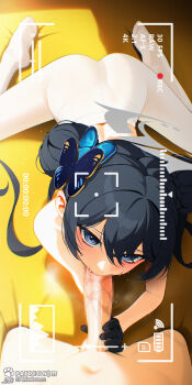 1boy 1girl black_butterfly black_gloves black_hair blue_archive blue_butterfly bug butterfly butterfly_hair_ornament censored erection ett eyeshadow fellatio gloves green_eyes grey_halo hair_ornament halo highres insect kisaki_(blue_archive) kneeling loli long_hair looking_at_viewer makeup mosaic_censoring oral pantyhose patreon_username penis penis_grab pov pov_crotch recording solo_focus timestamp viewfinder white_pantyhose