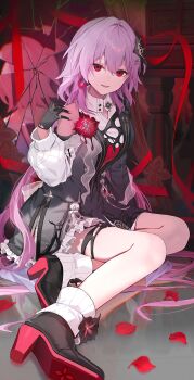 1girl black_boots black_gloves boots earrings evernight_(honkai:_star_rail) gloves hair_between_eyes hair_ornament hand_up high_heels highres honkai:_star_rail honkai_(series) jewelry long_hair long_sleeves looking_at_viewer march_7th_(honkai:_star_rail) motto_(night_wear) official_alternate_costume official_alternate_eye_color official_alternate_hair_length official_alternate_hairstyle parted_lips pink_hair red_eyes ring single_bare_shoulder single_earring sitting smile solo very_long_hair