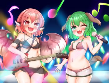 2girls :d ;d animal_ear_piercing animal_ears bikini bird_ears bird_wings black_bikini blush breasts brown_bikini choujuu_gigaku cleavage commentary_request dog_ears fang green_eyes green_hair highres holding holding_microphone instrument kasodani_kyouko kasoka_soka lightstick microphone multiple_girls music musical_note mystia_lorelei navel one_eye_closed open_mouth pink_eyes pink_hair playing_instrument short_hair singing skin_fang smile stage_lights swimsuit touhou wings