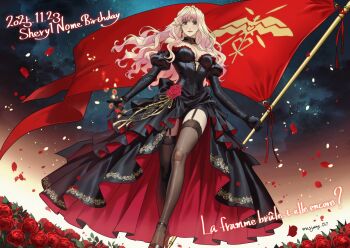 1girl alternate_costume birthday black_dress black_gloves black_shoes blonde_hair blue_eyes blush breasts brown_thighhighs character_name closed_mouth commentary_request dated dress earrings falling_petals flag flower garter_straps gloves high_heels highres holding holding_flag jewelry lace lace-trimmed_thighhighs lace_trim large_breasts long_hair long_sleeves looking_at_viewer macross macross_frontier off-shoulder_dress off_shoulder petals puffy_sleeves red_flower red_petals red_rose rose ryu_(masu_nantoka-san) sheryl_nome shoes single_earring solo standing thighhighs twitter_username two-sided_dress two-sided_fabric wavy_hair