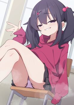 1girl black_hair chair classroom from_below hair_ornament highres himitsu_ni_shitoite_ageru hood hoodie light_blush loli looking_at_viewer mesugaki original panties panty_peek purple_eyes sitting skirt smirk solo steam steaming_body twintails underwear