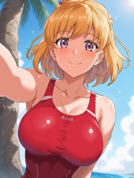 1girl asahina_mirai beach blue_sky blush breasts brown_hair cleavage cloud coconut_tree day highres horizon large_breasts looking_at_viewer mahou_girls_precure! ocean one-piece_swimsuit outdoors palm_tree precure purple_eyes red_one-piece_swimsuit short_hair sky smile solo sozan swimsuit tree upper_body