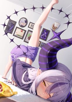 1girl absurdres alternate_costume barefoot food highres hololive horns la+_darknesss multicolored_hair one_eye_closed pointy_ears purple_hair purple_shorts ramuneru shorts solo streaked_hair striped_horns top-down_bottom-up virtual_youtuber yellow_eyes