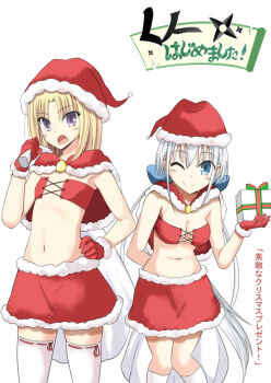 2girls bikini blonde_hair blue_eyes blush bow box breasts capelet christmas cleavage closed_mouth collarbone commentary_request cowboy_shot fang flat_chest fur-trimmed_capelet fur-trimmed_gloves fur-trimmed_headwear fur_trim gift gift_box gloves hair_between_eyes hako_roku hat holding holding_sack kanagiri_kaname kunoichi_hajimemashita! long_hair looking_at_viewer medium_breasts medium_hair merry_christmas multiple_girls navel one_side_up open_mouth parted_bangs purple_eyes red_capelet red_gloves red_hat sack santa_bikini santa_costume santa_hat shirayuki_mashiro_(kunoichi_hajimemashita!) sidelocks simple_background skirt smile standing swimsuit thighhighs translation_request tsurime very_long_hair white_background white_hair white_thighhighs