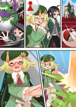 1girl 2boys absurdres ahoge arm_up ascot bathroom_sign belt beret bianca_(champion)_(pokemon) bianca_(pokemon) black_hair black_pants blonde_hair blue_eyes blush bob_cut breast_pocket cape cheren_(champion)_(pokemon) cheren_(pokemon) coat colored_sclera colored_skin comic emphasis_lines facial_hair flat_chest gem gen_5_pokemon glasses glint gloves glowing green_cape green_coat green_gemstone green_hat green_skin grey_pants hair_flaps hands_up handshake happy hat have_to_pee highres holding holding_poke_ball horns knees_together_feet_apart legendary_pokemon light_blush long_sleeves looking_afar mizuumi_(expanse_lake) multicolored_skin multicolored_vest multiple_boys multiple_views muscular muscular_male mustache necktie nervous_smile nintendo nose_blush open_clothes open_coat open_mouth outstretched_arm own_hands_together pants peeing peeing_self pocket pointing pointing_at_viewer poke_ball poke_ball_(basic) pokemon pokemon_(creature) pokemon_masters_ex purple_horns purple_skin raised_eyebrows red-framed_eyewear red_ascot red_eyes red_gemstone semi-rimless_eyewear short_hair smile speech_bubble spread_fingers sweat tassel tears teeth thought_bubble tie_clip tornadus tornadus_(incarnate) trembling two-tone_skin virizion wet_pants white_eyes white_gloves white_hair white_necktie yellow_sclera