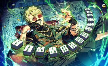 Rule 34 | 1boy, arm tattoo, beads, black gloves, black pants, black shirt, bracelet, cigarette, dragon print, game cg, gloves, green eyes, green hair, hair over one eye, happy elements, helios rising heroes, highres, holding, holding cigarette, jacket, jewelry, keith max, looking at viewer, mahjong, mahjong tile, male focus, necklace, non-web source, official art, one eye covered, pants, ring, shirt, short hair, smile, smoke, solo, sunglasses, tattoo, tinted eyewear