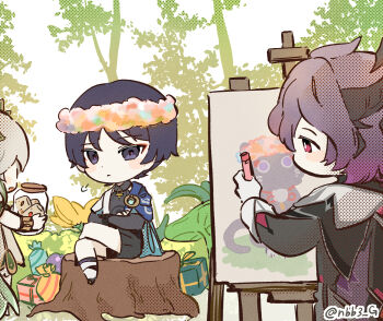 1girl 2boys black_jacket black_shorts blue_cape blue_eyes blue_hair blush bush cape chibi commentary crayon crossed_legs dragon_horns drawing_(action) dress durin_(genshin_impact) easel english_commentary eyeshadow frown full_body genshin_impact gift gradient_hair grey_hair halftone head_wreath highres holding holding_crayon holding_jar horns jacket jar looking_at_another looking_at_viewer makeup multicolored_hair multiple_boys nahida_(genshin_impact) nbb3 on_tree_stump open_mouth outdoors purple_hair red_eyes red_eyeshadow scaramouche_(cat)_(genshin_impact) scaramouche_(genshin_impact) shorts simple_background sitting smile twitter_username wanderer_(genshin_impact) white_background
