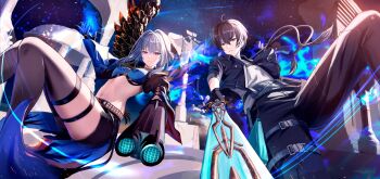 1boy 1girl absurdres black_gloves black_hair black_jacket black_pants black_pantyhose black_thighhighs black_wings blue_bra blue_nails bra breasts closed_mouth commentary_request feathered_wings galbrena_(wuthering_waves) gloves grey_hair grey_shirt gun hair_between_eyes hair_intakes hand_up highres holding holding_gun holding_sword holding_weapon jacket looking_at_viewer male_rover_(wuthering_waves) medium_breasts medium_hair mitsukayurie navel pants pantyhose purple_eyes rover_(wuthering_waves) shirt single_leg_pantyhose single_thighhigh single_wing sitting stomach sword thighhighs underwear very_long_fingernails weapon wings wuthering_waves yellow_eyes