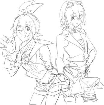 2girls bow commentary_request cosplay costume_switch cropped_shirt goggles goggles_on_head gumi hair_bow hairband hand_on_own_hip kagamine_rin looking_at_another looking_at_viewer medium_hair multiple_girls neckerchief one_eye_closed sailor_collar shoes short_hair sidelocks simple_background sweatdrop vest vocaloid waving white_background wounds404