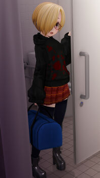 1girl 3d artist_request blonde_hair blush female_focus flat_chest glasses highres idolmaster idolmaster_cinderella_girls loli looking_at_viewer peril public_restroom sexually_suggestive shirasaka_koume solo tagme