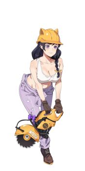 Rule 34 | 1girl, absurdres, alternate costume, animal ear helmet, animal helmet, black hair, boots, braid, breasts, brown boots, brown gloves, circular saw, cleavage, closed mouth, collarbone, commentary, construction worker, firstdayiyui, full body, gloves, hair over shoulder, hair ribbon, hanekawa tsubasa, hard hat, helmet, highres, holding saw, large breasts, leaning forward, long hair, monogatari (series), navel, overalls, overalls pull, purple eyes, purple overalls, purple ribbon, ribbon, saw, simple background, solo, standing, tank top, white background, white tank top, work boots, yellow helmet, yellow ribbon