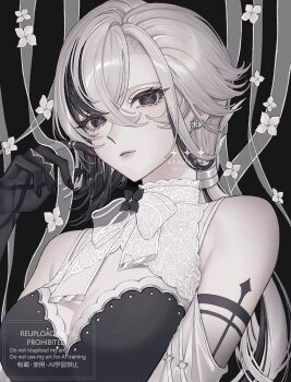 1girl ao_(ao0_0nemu) arlecchino_(genshin_impact) bad_id bad_twitter_id bare_shoulders black_eyes black_hair black_hands breasts cleavage colored_extremities earrings finger_to_cheek flower genshin_impact grey_hair hair_between_eyes hand_up highres jewelry long_hair looking_at_viewer multicolored_hair red_pupils ribbon ring smile solo streaked_hair symbol-shaped_pupils upper_body white_flower white_ribbon x-shaped_pupils