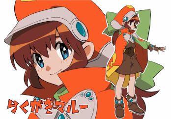 1girl blue_eyes bow brown_hair cape closed_mouth fingerless_gloves flower full_body gloves hat long_hair looking_at_viewer marguerite_fatima orange_hat piko_han simple_background smile solo white_background xenogears