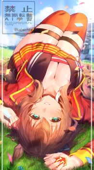 1girl animal_ears bow breasts brown_hair brown_sailor_collar chikabe cleavage cropped_jacket ear_bow ear_ornament hair_between_eyes highres horse_ears horse_girl horse_tail jacket large_breasts long_hair long_sleeves looking_at_viewer maruzensky_(formula_r)_(umamusume) maruzensky_(umamusume) pendant_choker red_jacket red_serafuku red_shirt red_skirt red_thighhighs sailor_collar school_uniform serafuku shirt skirt smile solo tail thighhighs umamusume umamusume:_cinderella_gray