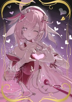 Rule 34 | 1girl, ;), absurdres, beret, breasts, commentary request, dress, earrings, elf, elysia (hi love elf) (honkai impact), elysia (honkai impact), gloves, hat, heart, heart earrings, heart hands, highres, honkai (series), honkai impact 3rd, jewelry, jq4 3, large breasts, long hair, looking at viewer, multicolored hair, one eye closed, pink hair, pointy ears, purple eyes, red dress, single glove, smile, solo, two-tone dress, two-tone hair, very long hair, white dress, white gloves, white hair