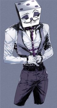 1boy black_eyes cuphead_(game) dice facial_hair formal_clothes highres king_dice male_focus mirror mustache one_eye_closed pants purple_pants purple_vest seuleulg vest