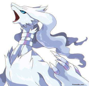 Rule 34 | blue eyes, blue sclera, claws, colored sclera, commentary request, dragon, fangs, gen 5 pokemon, highres, legendary pokemon, nintendo, no humans, open mouth, pokemon, pokemon (creature), pokemon focus, reshiram, rorosuke, solo, twitter username, white background