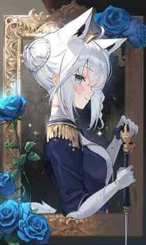1girl ahoge animal_ear_fluff animal_ears blue_flower blue_jacket blue_rose blush braid bun_with_braided_base crown elbow_gloves epaulettes flower fox_ears fox_girl from_side gloves gold_crown green_eyes hair_bun hand_on_hilt highres holding holding_sword holding_weapon hololive jacket looking_at_viewer looking_to_the_side medium_hair mini_crown nyannyan_poa official_alternate_costume official_alternate_hairstyle picture_frame profile rose shirakami_fubuki shirakami_fubuki_(fbkingdom) sidelocks smile solo sparkle sword through_medium tilted_headwear virtual_youtuber weapon white_gloves white_hair