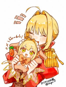 1girl ^_^ ahoge artist_name blonde_hair blush bow bowtie carrot character_doll closed_eyes commentary_request doll epaulettes fate/extra fate_(series) hair_intakes highres holding holding_doll juliet_sleeves long_sleeves nero_claudius_(fate) nero_claudius_(fate/extra) onigiri_lll orange_bow orange_bowtie puffy_sleeves simple_background solo twitter_username upper_body white_background