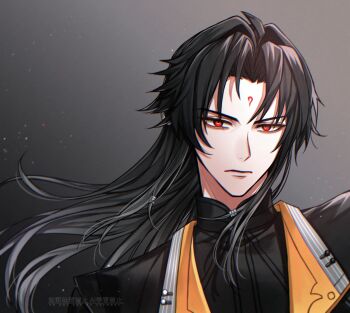 1boy black_hair black_shirt chinese_clothes closed_mouth commentary_request facial_mark forehead_mark grey_background half-closed_eyes highres izuru03 long_hair looking_at_viewer male_focus parted_bangs portrait red_eyes shirt solo v-shaped_eyebrows ye_shiyuan zenless_zone_zero