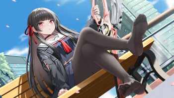 1girl absurdres bench black_hair blush chisa_(wuthering_waves) crossed_legs feet highres lemon_kele long_hair looking_at_viewer pantyhose parted_lips red_eyes sitting soles toes wuthering_waves