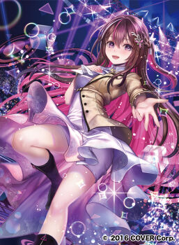 1girl ascot asymmetrical_dress asymmetrical_sleeves azki_(4th_costume)_(hololive) azki_(hololive) black_boots boots bracelet braid breasts brown_dress brown_hair collared_dress colored_inner_hair commentary_request company_name copyright_notice cube dress foot_out_of_frame glint hachi404 hair_between_eyes hair_ornament hair_ribbon half_up_half_down_braid hand_on_own_chest high-low_dress hololive jewelry leg_up long_hair looking_at_viewer medium_breasts mole mole_under_eye multicolored_hair official_art pink_hair purple_eyes reaching reaching_towards_viewer ribbon smile solo stage stage_lights streaked_hair teeth two-tone_dress upper_teeth_only virtual_youtuber white_ascot white_dress white_streaks