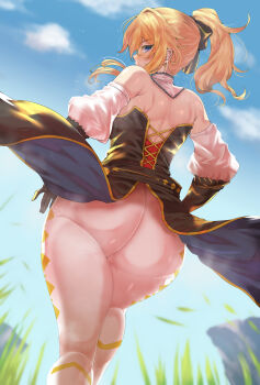 1girl artist_request ass bare_shoulders blonde_hair blue_eyes blue_sky blush boots bow corset cross cross_earrings day detached_sleeves earrings from_behind from_below genshin_impact gloves grass hair_bow half-closed_eyes highres huge_ass jean_(genshin_impact) jewelry long_hair long_sleeves looking_at_viewer looking_back pants ponytail shiny_clothes shiny_skin sky solo sweat tailcoat tight_clothes tight_pants wakura_(gcdan) white_pants