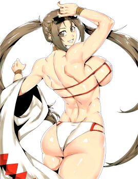 1girl absurdres ass back bare_shoulders bikini blush breasts brown_eyes brown_hair earrings eyewear_on_head fate/grand_order fate_(series) grin highres jewelry large_breasts long_hair looking_at_viewer looking_back minew smile solo sunglasses swimsuit thighs twintails very_long_hair white_bikini yu_mei-ren_(fate) yu_mei-ren_(swimsuit_lancer)_(fate)