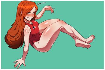 Rule 34 | 1girl, arm support, barefoot, black giraffe, blush, body freckles, breasts, commentary, crossed legs, feet, freckles, full body, gravity falls, grin, highres, lifeguard, long hair, looking at viewer, medium breasts, official alternate costume, one-piece swimsuit, paid reward available, red hair, red one-piece swimsuit, shiny skin, shoulder freckles, smile, solo, swimsuit, wendy corduroy, whistle, whistle around neck