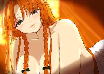 1girl bare_shoulders bow breasts collarbone commentary_request green_bow green_eyes highres hong_meiling huge_breasts looking_at_viewer meiling_day no_shirt nude red_hair shamu_(hkhogosho) solo touhou