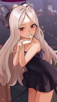 1girl black_halo black_horns blue_archive blurry blurry_background breasts commentary_request demon_horns dress halo highres hina_(blue_archive) horns long_hair looking_at_viewer multiple_horns purple_dress purple_eyes small_breasts solo solokitsune strapless strapless_dress white_hair