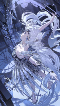 1girl absurdres analog_clock arched_back bare_shoulders barefoot black_dress black_hair blunt_bangs broken_glass clock closed_mouth crinoline dancing detached_sleeves doll_joints dress earrings expressionless feather_dress feather_hair_ornament feathers full_body gears glass grey_nails hair_ornament highres hollow_body jewelry joints life_makeover light_particles long_hair looking_at_viewer looking_up medium_dress multicolored_hair nail_polish necklace outstretched_arms purple_eyes see-through_clothes see-through_sleeves short_sleeves solo spread_arms strapless strapless_dress streaked_hair tian_yanyan toenail_polish toenails twintails two-tone_dress very_long_hair white_dress white_hair