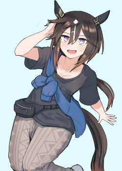 Rule 34 | 1girl, absurdres, animal ears, black hair, black shirt, blue shirt, blush, breasts, brown hair, camouflage, camouflage pants, casual, collarbone, commentary request, ear covers, fanny pack, hair between eyes, highres, horse ears, horse girl, horse tail, kanikama25, long hair, looking at viewer, multicolored hair, open mouth, pants, purple eyes, shirt, simple background, small breasts, smile, stay gold (casual) (umamusume), stay gold (umamusume), streaked hair, sweatdrop, tail, umamusume, white hair