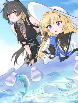 2girls bare_shoulders black_gloves black_hair blonde_hair blue_eyes blue_sash blue_sky breasts closed_mouth commentary_request cross-laced_clothes cross-laced_dress day dress earrings female_rover_(wuthering_waves) fish gloves hachikuma_z hair_ornament hair_ribbon hat highres jewelry long_hair long_sleeves looking_at_viewer medium_breasts multiple_girls open_mouth outdoors phoebe_(wuthering_waves) ribbon rover_(wuthering_waves) sash shirt sky sleeveless sleeveless_dress smile surprised tacet_mark_(wuthering_waves) triangle_earrings twitter_username white_hat white_shirt wuthering_waves x_hair_ornament yellow_eyes yellow_ribbon
